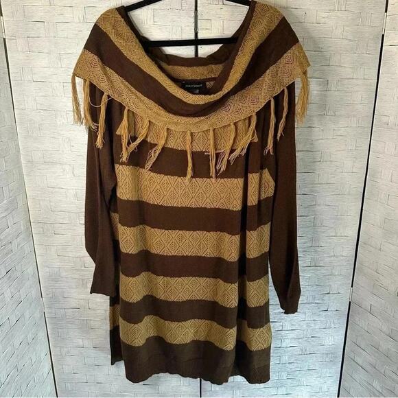 Ashley Stewart off the shoulder tan & brown striped Sweater w tassels plus size - Picture 1 of 8